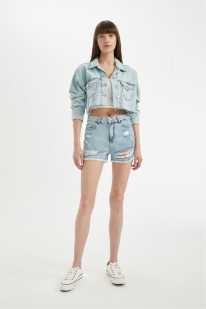 High Waist Ripped Detailed Denim Shorts