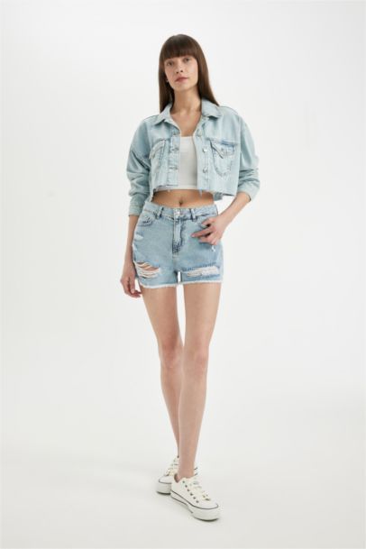 High Waist Ripped Detailed Denim Shorts