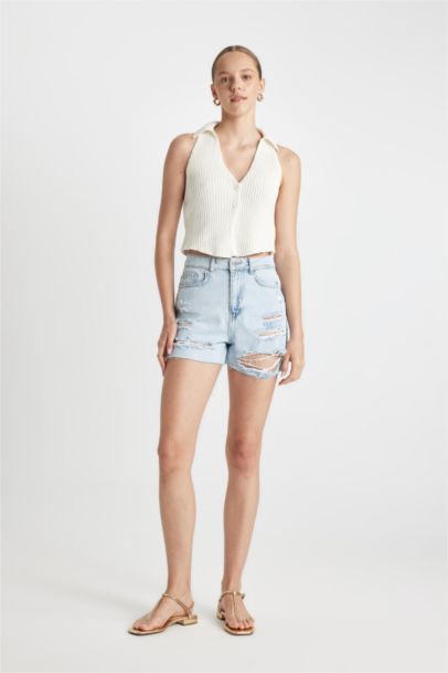 Mom Fit High Waist Cropped Denim Shorts