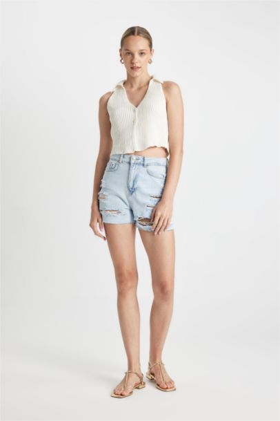 Mom Fit High Waist Cropped Denim Shorts