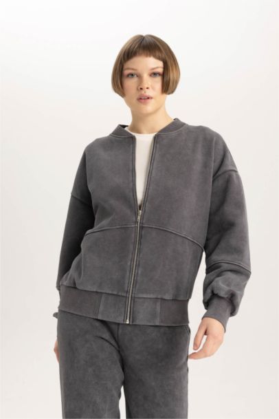 Relax Fit Bomber Collar Thick Sweatshirt Fabric Zip up Sweatshirt