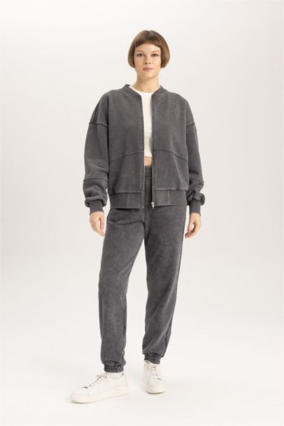 Relax Fit Bomber Collar Thick Sweatshirt Fabric Zip up Sweatshirt