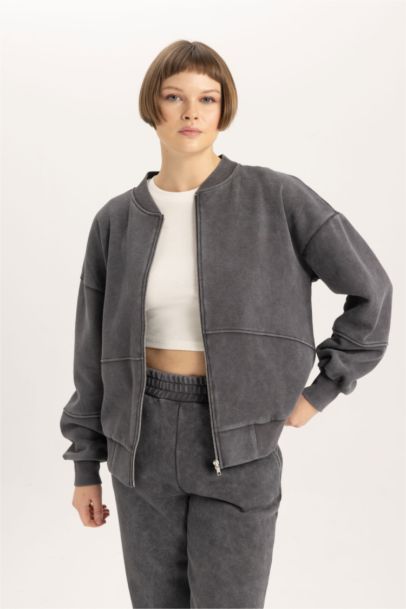 Relax Fit Bomber Collar Thick Sweatshirt Fabric Zip up Sweatshirt