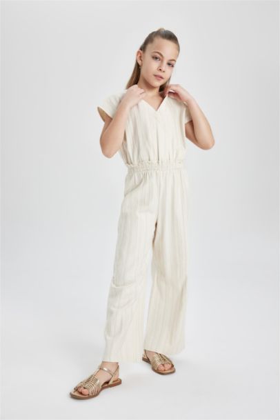 Girl V-Neck Short Sleeve Cotton Long Jumpsuit