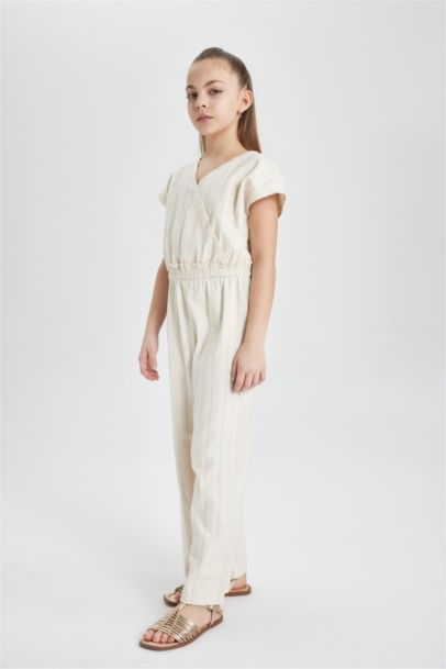 Girl V-Neck Short Sleeve Cotton Long Jumpsuit