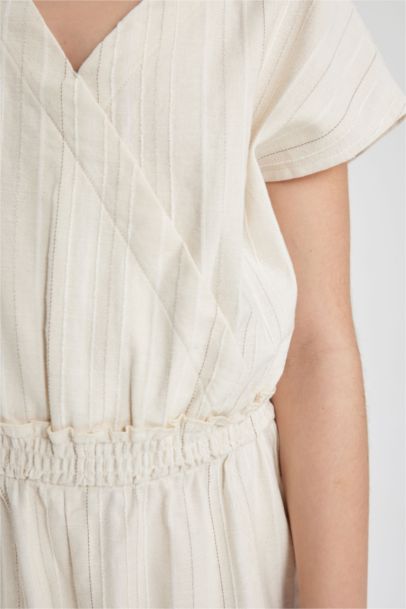 Girl V-Neck Short Sleeve Cotton Long Jumpsuit