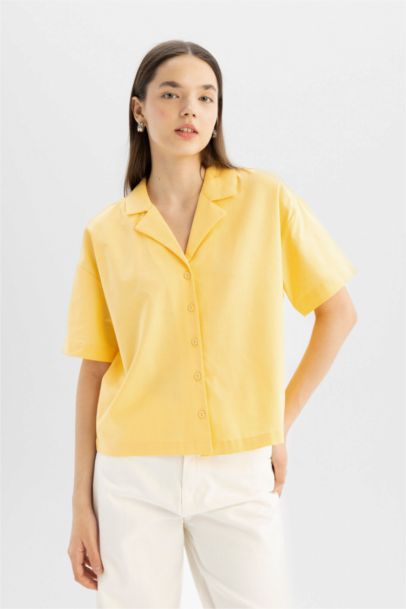 Oversize Fit Pajama Collar Flamed Cotton Shirt