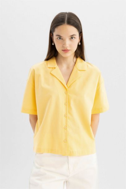 Oversize Fit Pajama Collar Flamed Cotton Shirt