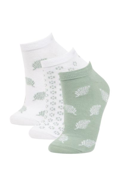 Woman Leaf Printed 3 Piece Cotton Bootie Socks