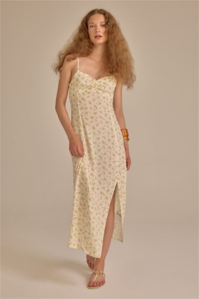 Robe Midi à Bretelles encolure en Cœur imprimé Floral Style Marocain