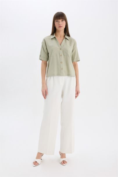 Boxy Fit Shirt Collar Linen Blended Short Sleeve Shirt