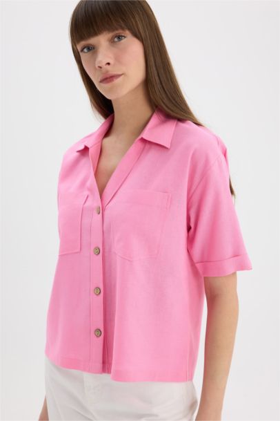 Boxy Fit Shirt Collar Linen Blended Short Sleeve Shirt