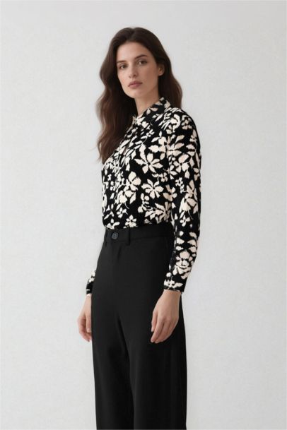 Oversize Fit Shirt Collar Printed Long Sleeve Tunic