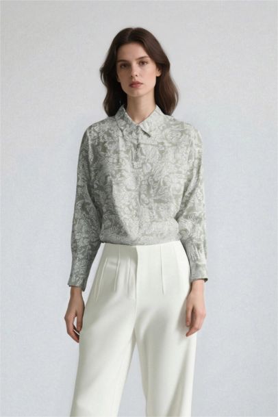 Oversize Fit Shirt Collar Printed Long Sleeve Tunic