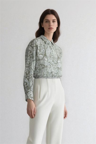 Oversize Fit Shirt Collar Printed Long Sleeve Tunic