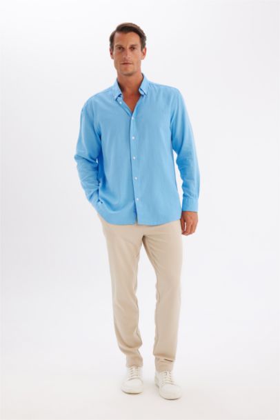 Relax Fit Polo Yaka Keten Karışımlı Pamuklu Uzun Kollu Gömlek