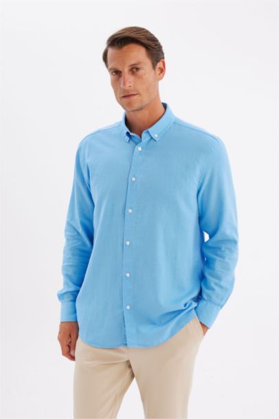 Relax Fit Polo Yaka Keten Karışımlı Pamuklu Uzun Kollu Gömlek