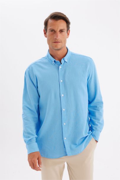 Relax Fit Polo Yaka Keten Karışımlı Pamuklu Uzun Kollu Gömlek