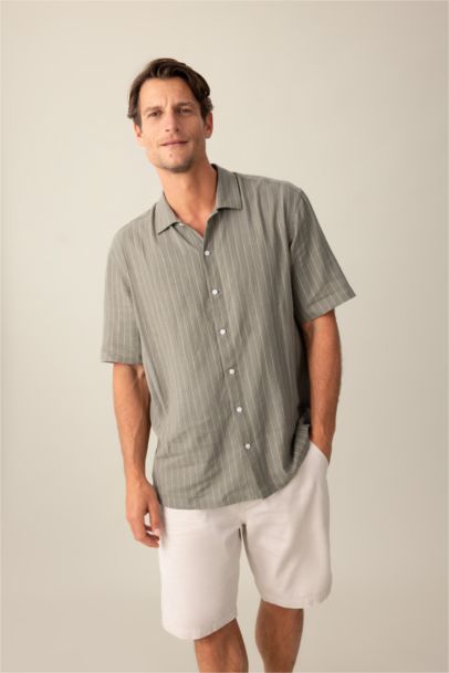 Relax Fit Polo Neck Striped Linen Shirt