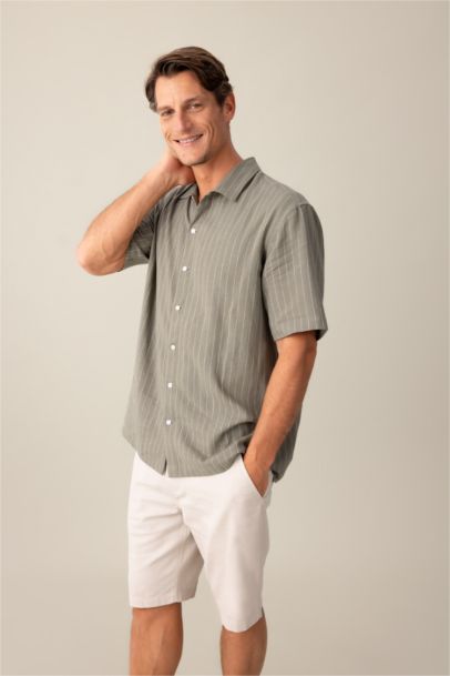 Relax Fit Polo Neck Striped Linen Shirt