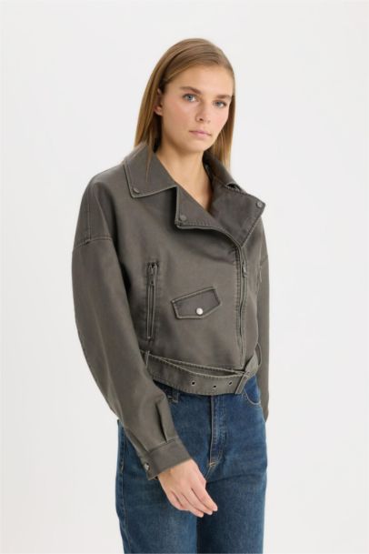 Zippered Closure Pocket Belted Waterproof Faux Leather Jacket