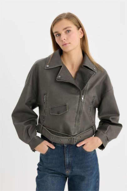 Zippered Closure Pocket Belted Waterproof Faux Leather Jacket