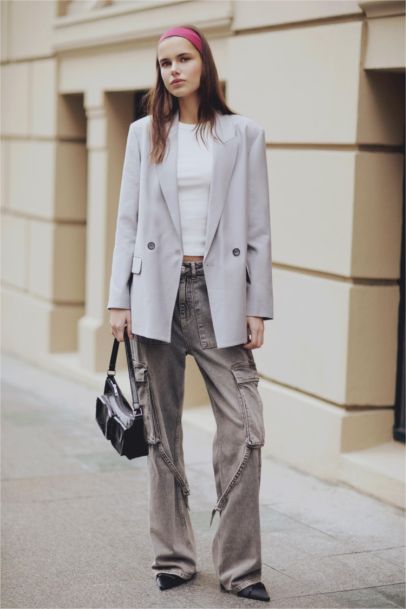 Pantalon Jean Cargo Large à Taille Haute et Jambes Longues