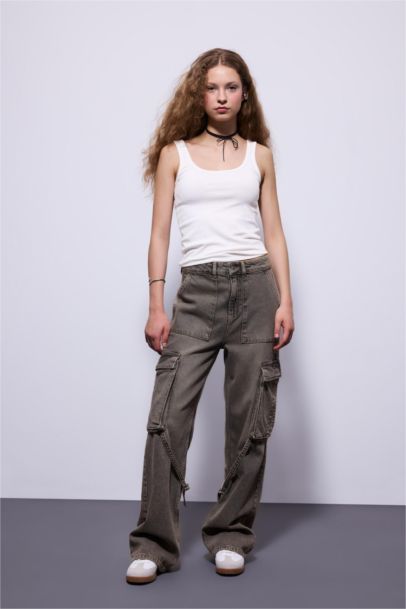Pantalon Jean Cargo Large à Taille Haute et Jambes Longues
