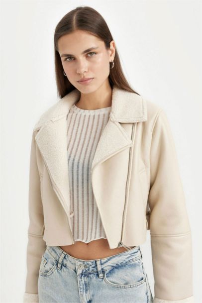 Su Geçirmez Regular Kalıp Fermuarlı İçi Suni Kürklü Kısa Suni Deri Mont