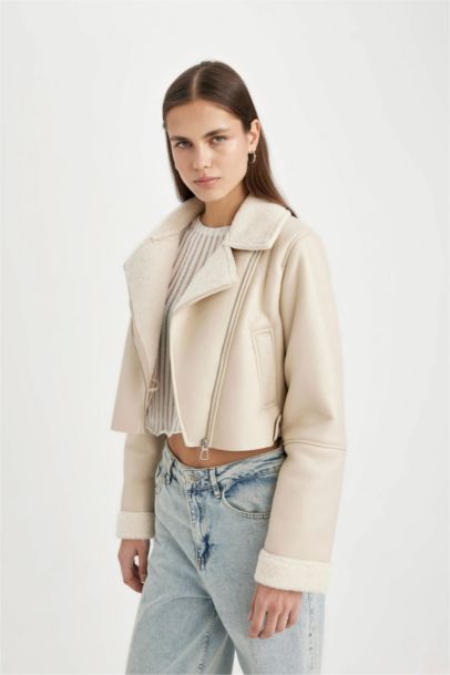 Su Geçirmez Regular Kalıp Fermuarlı İçi Suni Kürklü Kısa Suni Deri Mont