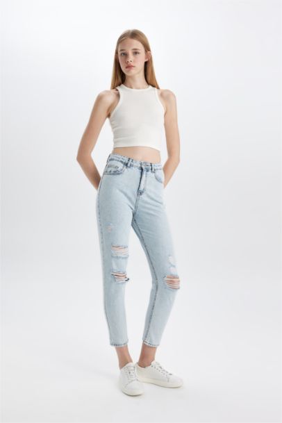 Pantalon Jean Mom Fit Taille Haute Délavé pour Fille