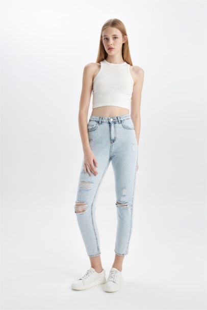 Pantalon Jean Mom Fit Taille Haute Délavé pour Fille