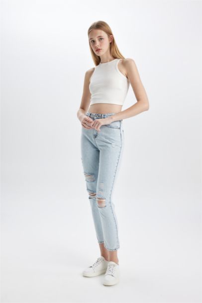 Pantalon Jean Mom Fit Taille Haute Délavé pour Fille