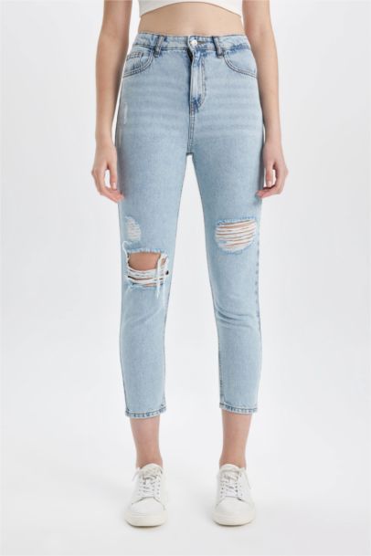 Pantalon Jean coupe Mom à Taille Haute avec Détails Déchirés