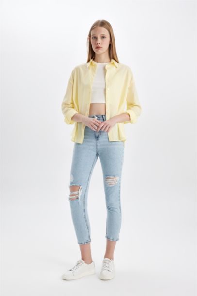 Pantalon Jean coupe Mom à Taille Haute avec Détails Déchirés