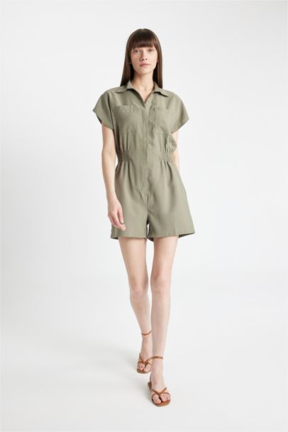 Shirt Collar Tencel Short Sleeve Jumpsuit