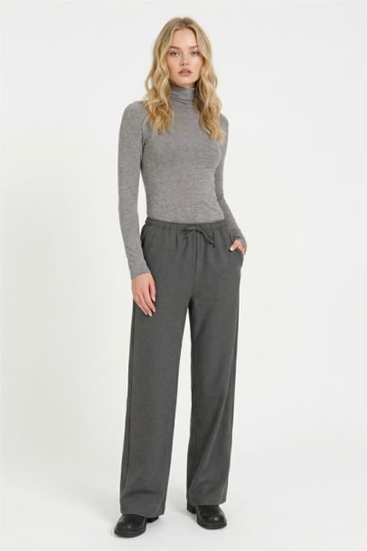 Wide Leg Geniş Bol Paça Beli Lastikli Bağcıklı Cepli Kumaş Palazzo Pantolon 