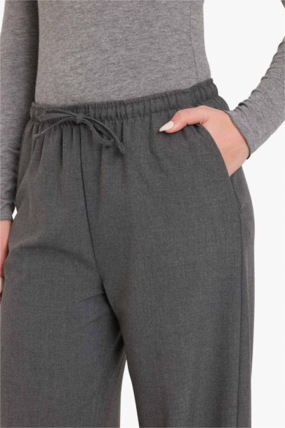 Wide Leg Geniş Bol Paça Beli Lastikli Bağcıklı Cepli Kumaş Palazzo Pantolon 