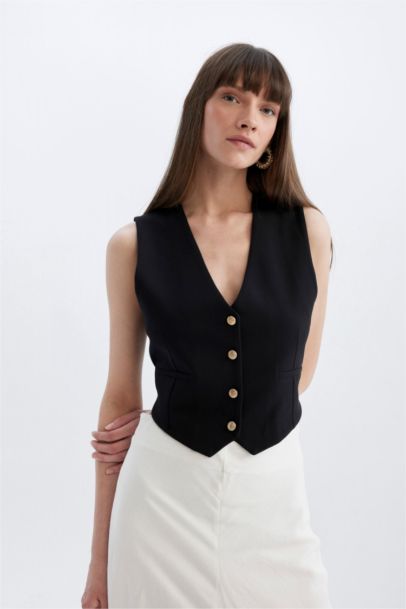 Regular Fit V Yaka Düğmeli Blazer Yelek