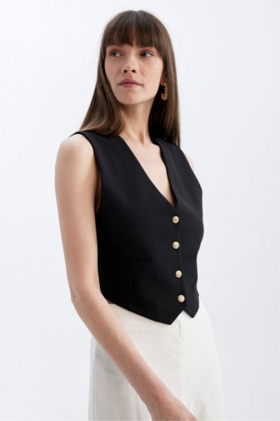 Regular Fit V Yaka Düğmeli Blazer Yelek