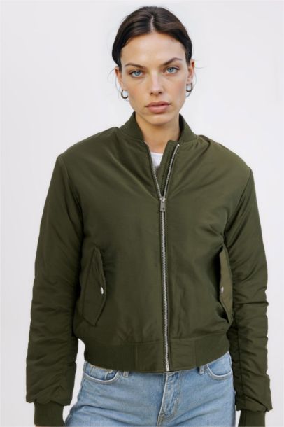 Su Geçirmez Kolej Yaka Düz Fermuarlı Cepli Bomber Ceket Mont