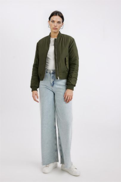 Su Geçirmez Kolej Yaka Düz Fermuarlı Cepli Bomber Ceket Mont