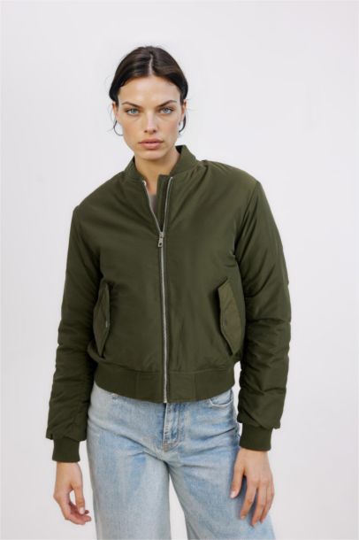 Su Geçirmez Kolej Yaka Düz Fermuarlı Cepli Bomber Ceket Mont