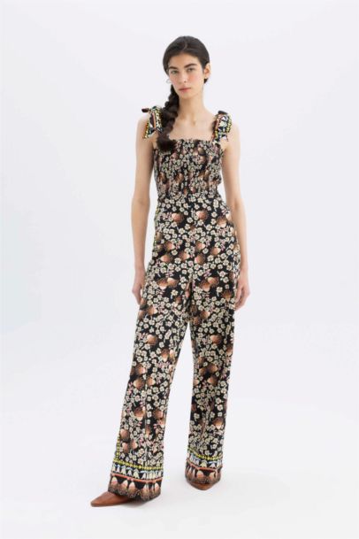 Square Collar Flower Sleeveless Jumpsuit