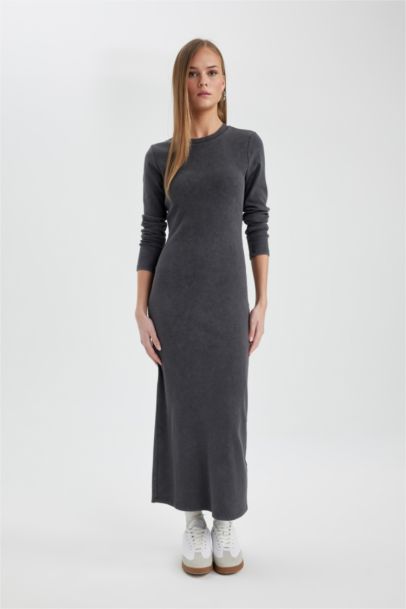 Bodycon Bisiklet Yaka Fitilli Kaşkorse Maxi Uzun Kollu Yıkamalı Soluk Efektli Elbise