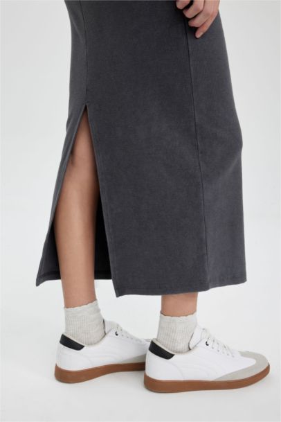 Bodycon Bisiklet Yaka Fitilli Kaşkorse Maxi Uzun Kollu Yıkamalı Soluk Efektli Elbise