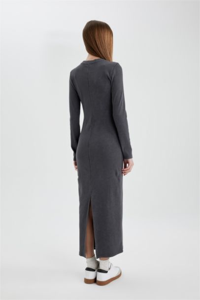 Bodycon Bisiklet Yaka Fitilli Kaşkorse Maxi Uzun Kollu Yıkamalı Soluk Efektli Elbise