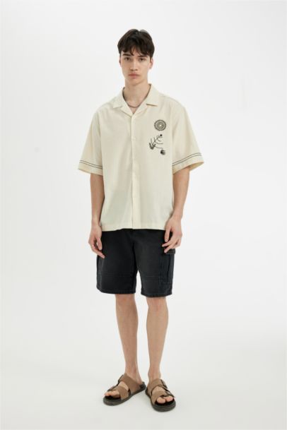 Relax Fit Apache Neck Cotton Embroidered Short Sleeve Shirt