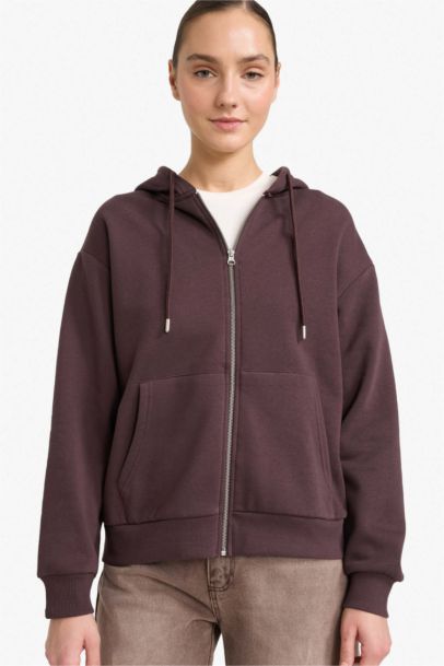 Relax Fit Kapüşonlu Basic Düz Kalın Fermuarlı Sweatshirt