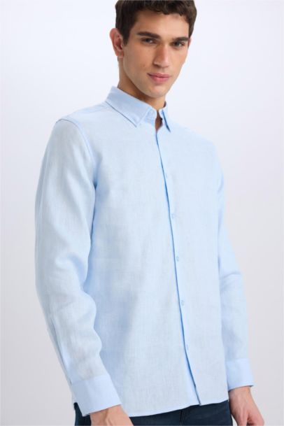 Regular Fit Polo Collar Summer Basic Linen Shirt